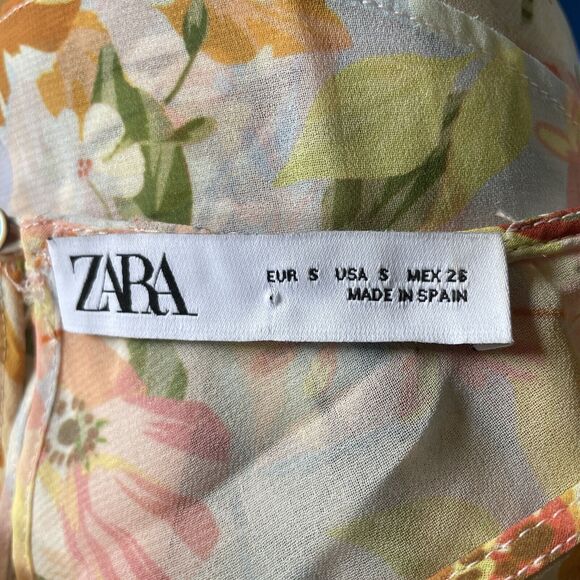 ZARA Floral Cape Blouse Top Womens Small Yellow Peach Short Sleeve Chiffon Sheer - Picture 4 of 13